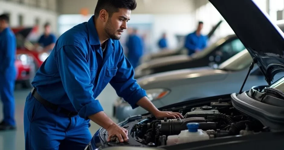 A mechanic at a workshop analysing a car for service