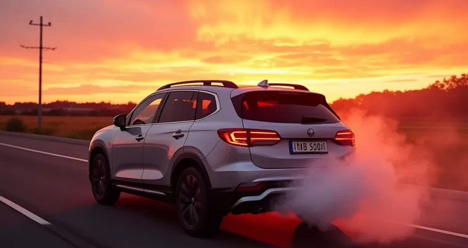 An SUV on road with damaged muffler, emitting smoke.