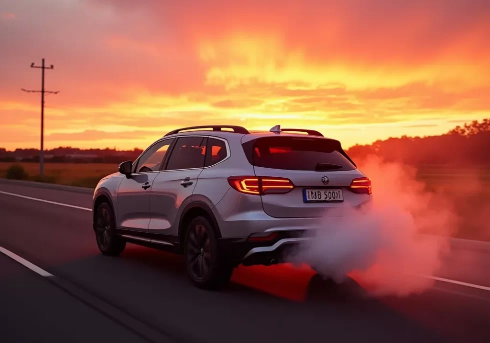 An SUV on road with damaged muffler, emitting smoke.