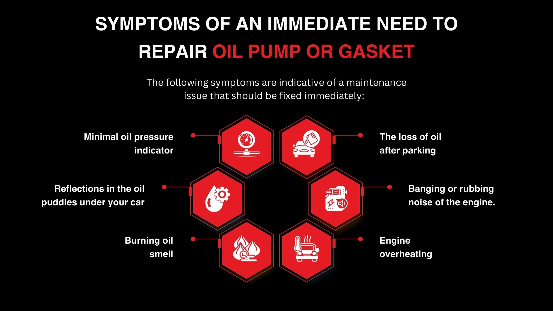 Symptoms of an Immediate need to repair oil pump or gasket